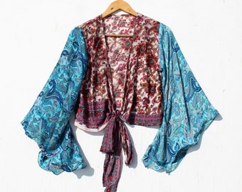 Wikkeltop 70s Festival / Croptop met klokmouwen / Top met strik aan de voorkant en klokmouwen / Festival croptop / Croptop met strik aan de voorkant of achterkant / Zijden croptop