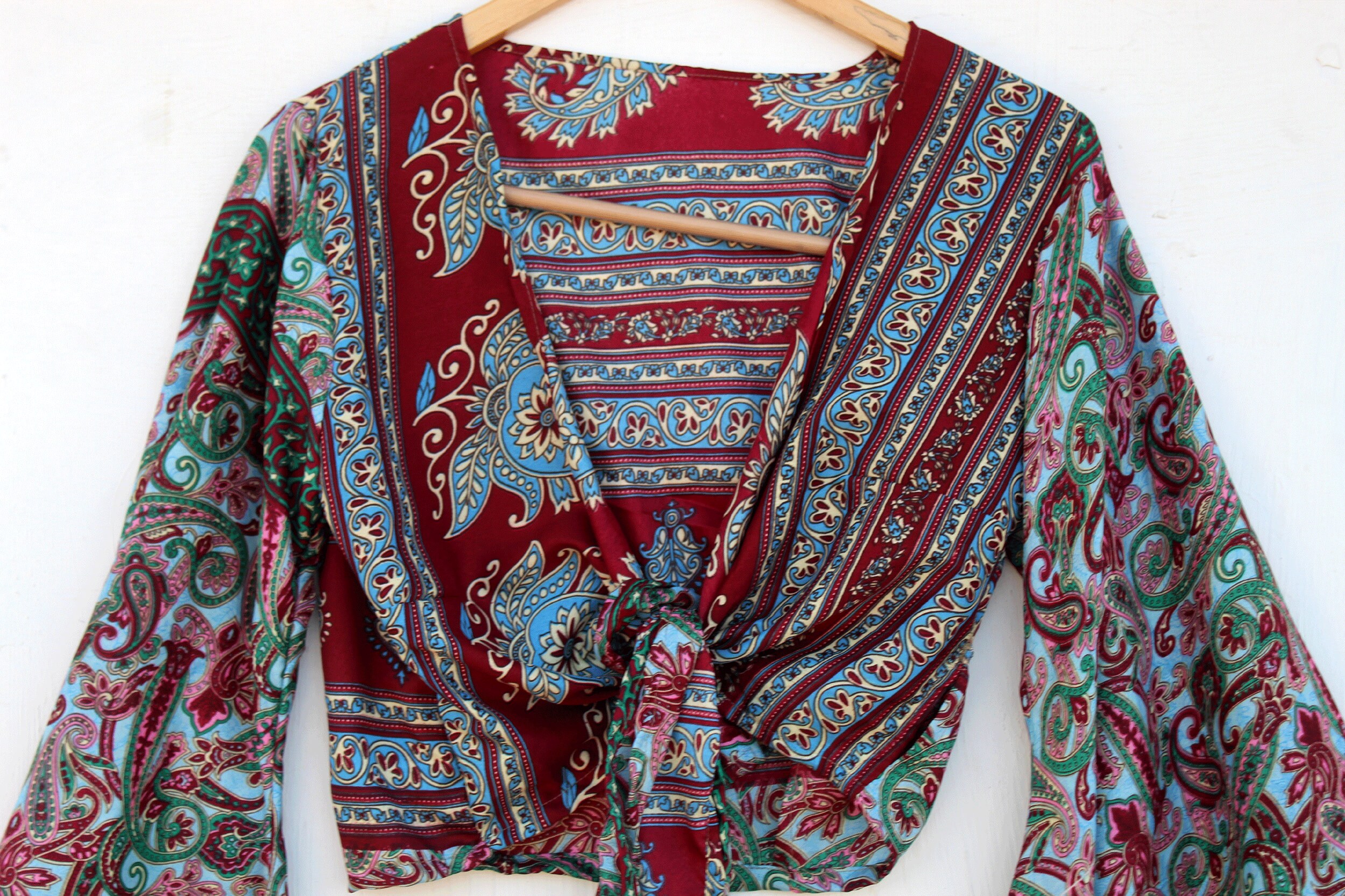 Regular Up-Cycled Sari Bell Sleeve Wrap Tie Top #101
