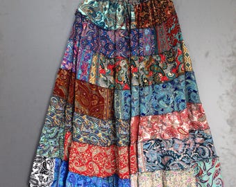 Flowy Patchwork Skirt, Summer Bohemian Long Maxi Skirt, Tiered Layer Skirt, Hippie Boho Festival Skirt, Recycled Silk, Retro Fairy Skirt