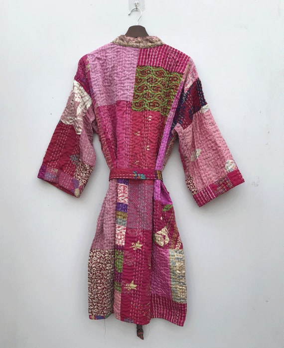 Silk Kantha Patchwork Print Beach Long Kimono Gow… - image 7