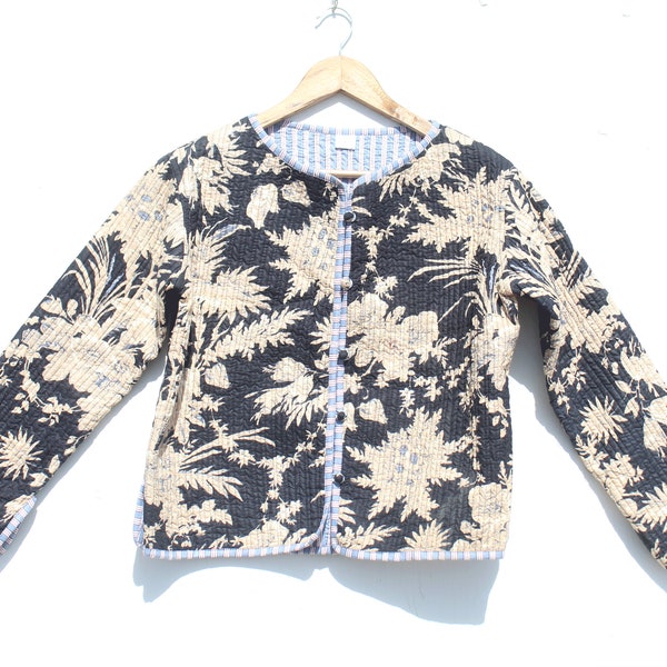 Floral Print Quilted Patchwork Coat, Women Autumn Jacket, Stylish Fall Jacket, Perfect Gift for Ladies Reversible jacket,Kantha jacket