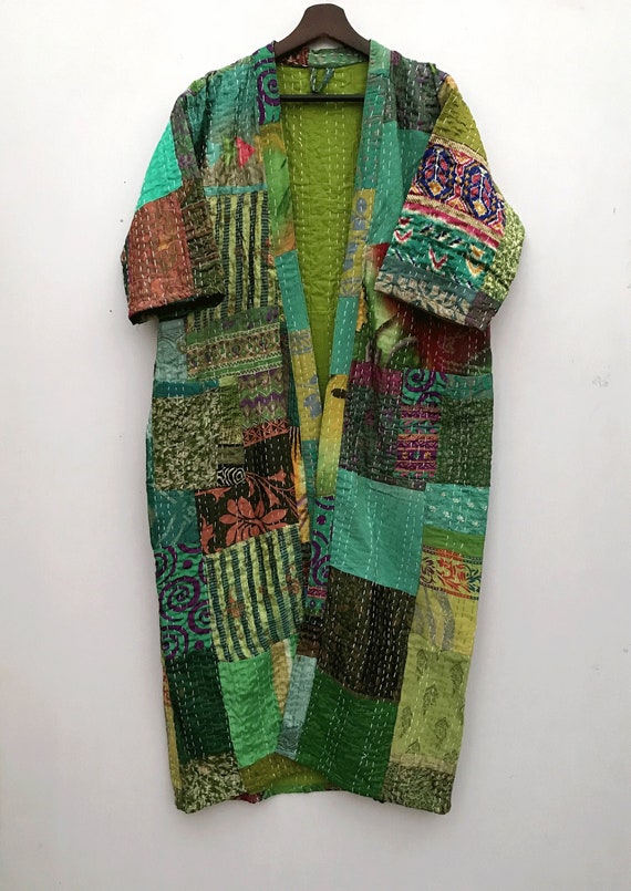 Kantha Quilted Garment Jacket Robe Patchwork Boho 