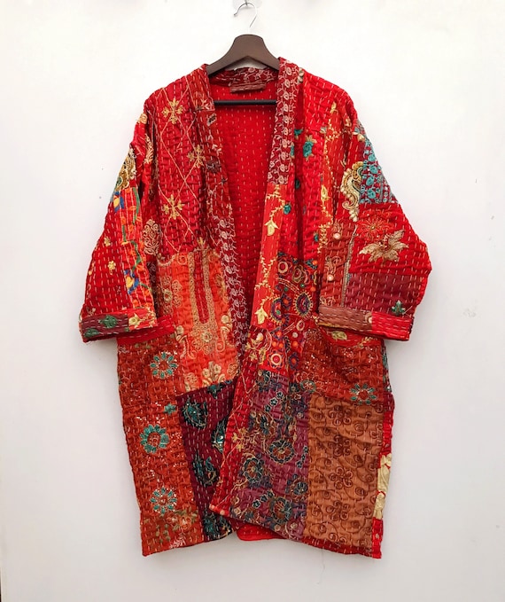 Kantha Kimono Robe, Jacket Coat, 100% Cotton Patchwork Embroidery Jacket Coat, Hand-Stitched, Bohemian Patchwork Kimono, Dressing Gown