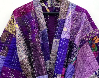 Long kimono for men or women in patchwork of Purple Silk kantha quilted kimono Women&#39;s Bikini Cover up robes Women&#39;s Clothing Dress
