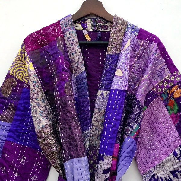 Kimono long pour hommes ou femmes en patchwork de kimono matelassé kantha en soie violette Bikini pour femme Cover up robes Robe de vêtements pour femmes