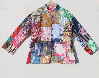 Handmade Patchwork Jacket, Hand Stitched Cotton Patchwork Jacket, Cotton Sari Kantha Coat, Short Jacket, Patch work coat, Patch Work jacket