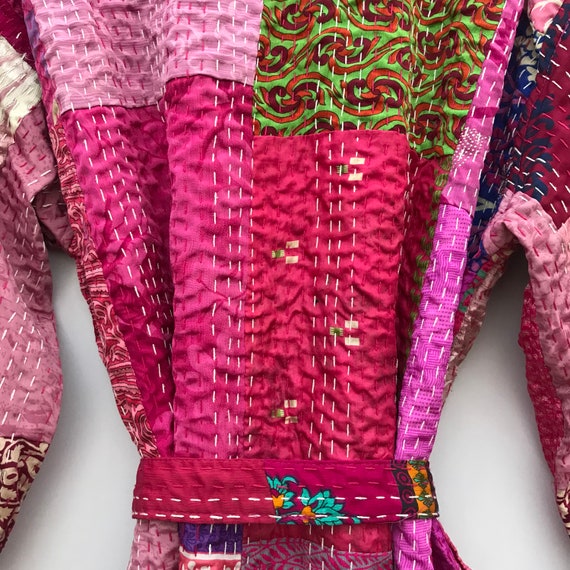 Silk Kantha Patchwork Print Beach Long Kimono Gow… - image 8