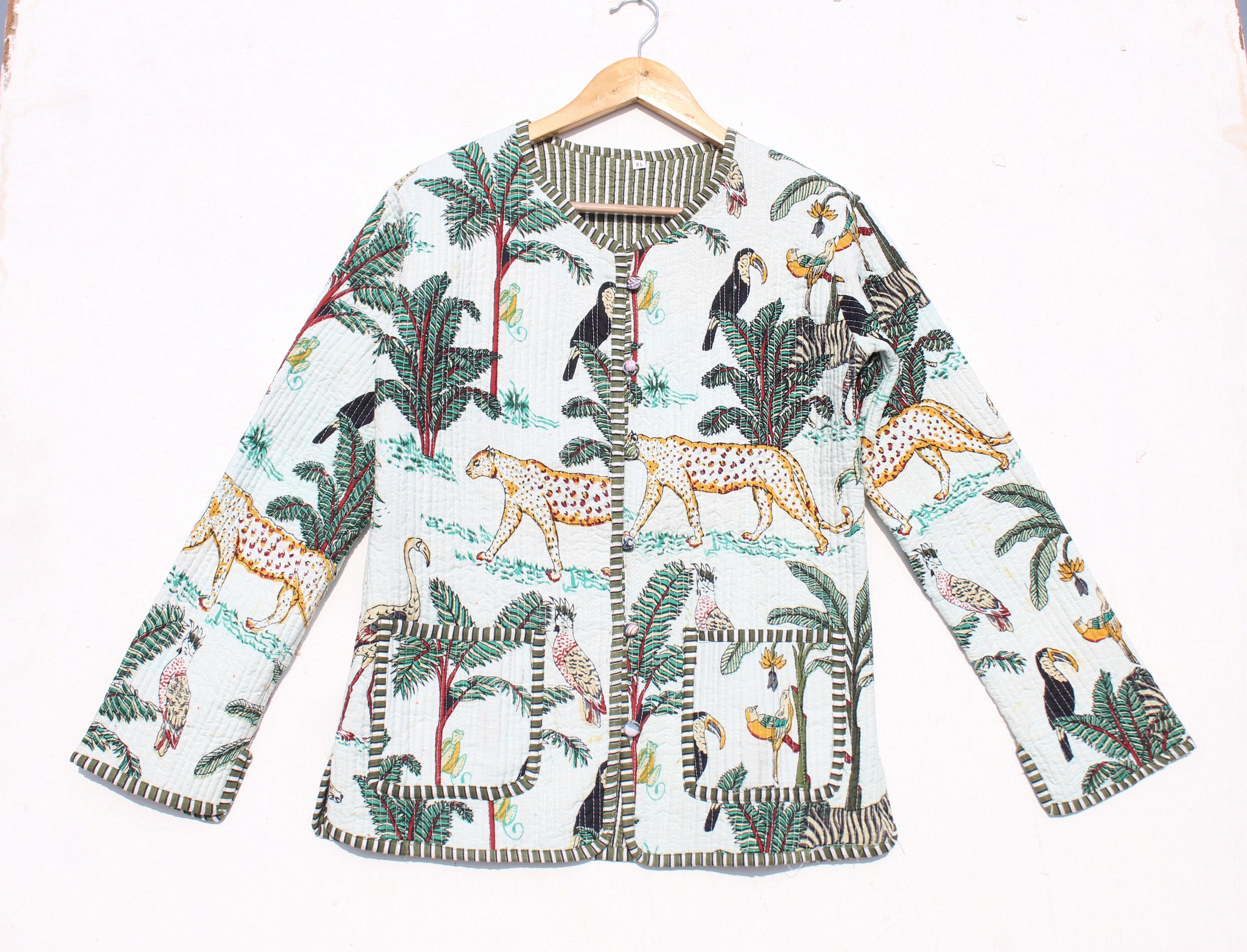 Jungle Print Vintage recycle silk sari quilted jacket, Cotton Blend Jacket , Winter jacket for Women , Boho Coats