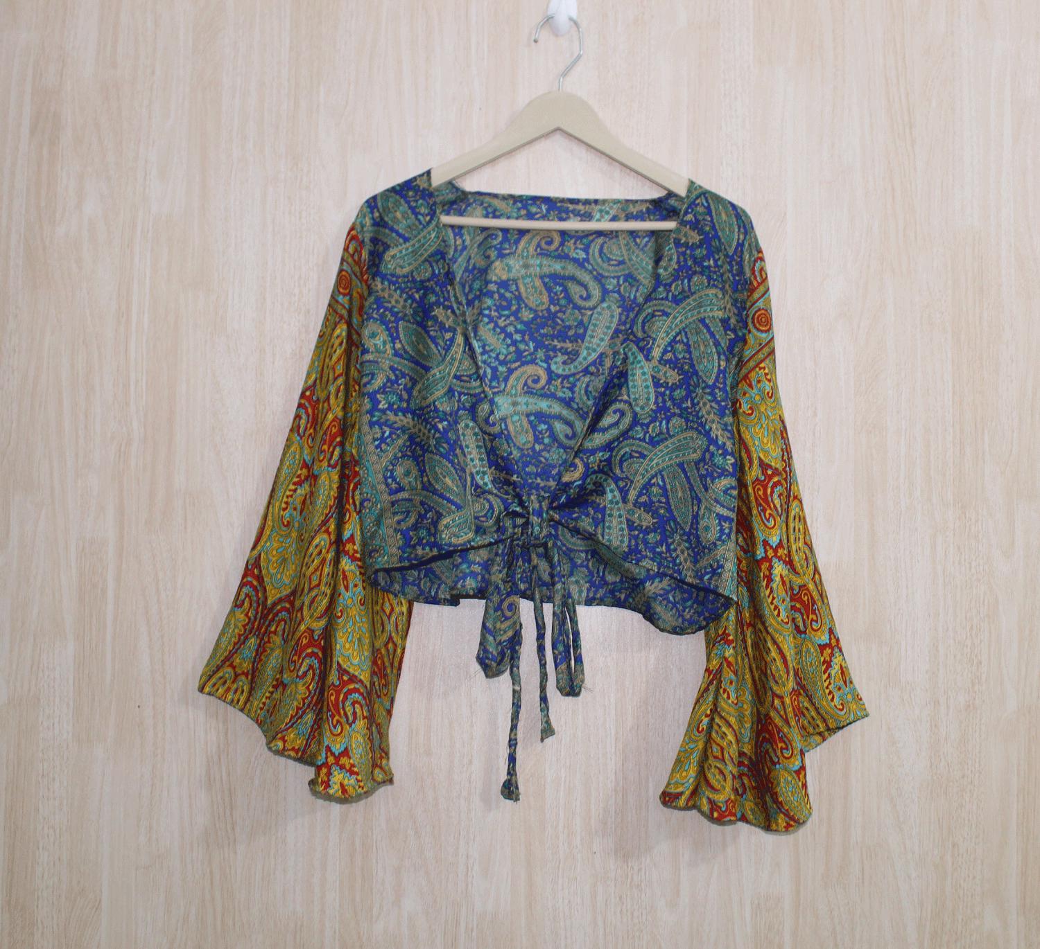Top cruzado, top con corbata boho, top con mangas acampanadas bohemias, talla grande, blusa cruzada con núcleo de hadas, tops hippies, top retro de verano, moda de festival
