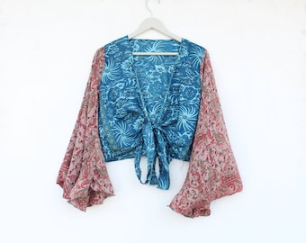 Top de envoltura de seda reciclada Tietop Bell Sleeve Top Kimono Warp Top Regalo para su blusa de seda vintage Ropa de mujer