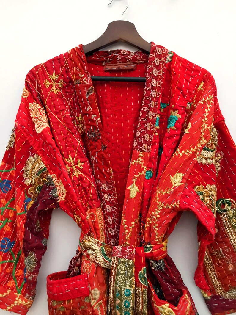 Kantha kimono-morgonrock, jacka, 100 % bomull med lapptäcke och broderi, handsydd, bohemisk kimono med lapptäcke, morgonrock bild 4
