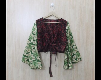 Top cruzado, top con corbata boho, top con mangas acampanadas bohemias, talla grande, blusa cruzada con núcleo de hadas, tops hippies, top retro de verano, moda de festival
