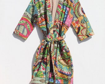 Kantha Kimono Robe, Jacket Coat, 100% Cotton,kantha kimono robe, Jacket Coat, Hand-Stitched, Bohemian Patchwork Kimono, Dressing Gown