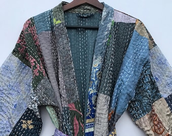 Silk Kantha quilt robe, hand stitched, made from vintage silk kantha quilts. One size, with pockets and matching belt, one of a kind