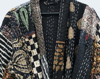Kimono lungo per uomo o donna in patchwork di seta viola, kimono trapuntato kantha, copricostume da donna, abito da donna