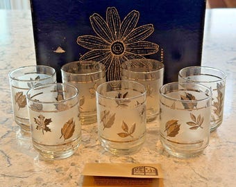 Juego de 7 vasos para jugo vintage Libbey Silver Foliage n.° 302 de 5.5 oz, década de 1960, con caja