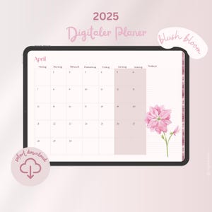 Könnte beinhalten: Ein digitaler Planer für das Jahr 2025 mit einem rosafarbenen Blumendesign. Der Planer ist für den Monat April geöffnet und hat einen Bereich für Notizen.