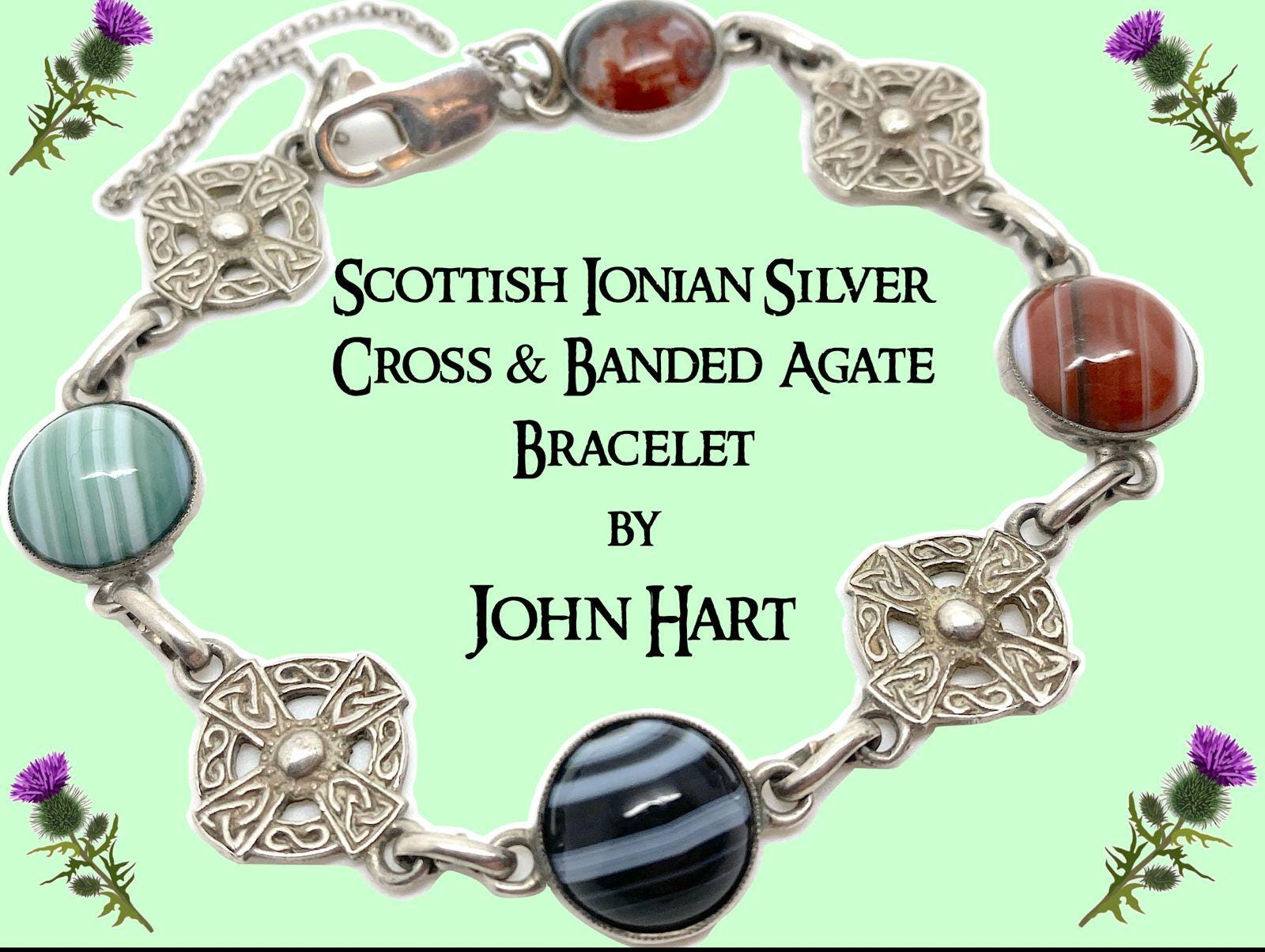 Scottish Ionian Silver Cross & Banded Agate Bracelet by John Hart