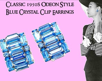 Klassische 1950s Odeon Style blaue Kristall Ohrclips