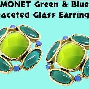 Gorgeous Green & Blue Faceted Glass Clip Earrings - Top of the Range