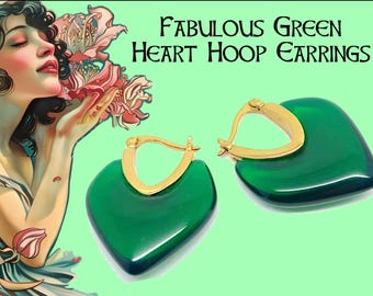 Emerald Green Glass Heart Hoop Earrings - Goldtone Fasteners - Vintage