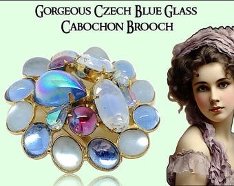 1950s Blue Czech Glass Cabochon Brooch