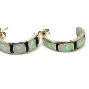 No 26 Beautiful Opal and Onyx Half Hoop 925 Silver Earrings