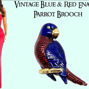 Mooie vintage blauw-rood geëmailleerde papegaaienbroche
