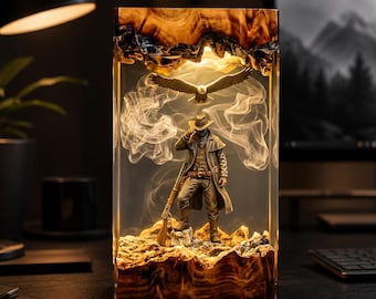Cowboy Resin Lamp, Western Wild West Decor, Eagle Diorama Night Light, Rustic Wood Desk Lamp, Country Home Gift for Dad, Men Birthday Gift