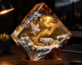 Wolf Resin Lamp, Snowy Owl Night Light, Epoxy Wood Desk Decor, Winter Forest Gift for Him, Wildlife Christmas Gift