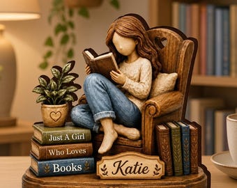 Gepersonaliseerd houten bord voor boekenliefhebbers, bureaudecoratie met eigen naam, bordje 'Just A Girl Who Loves Books', houten cadeau voor een boekenliefhebber.