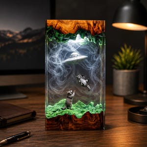 May include: A rectangular resin lamp featuring a natural wood top and bottom with a clear center. Inside, two miniature raccoons are positioned below a silver flying saucer, surrounded by swirling white smoke effects and green textured terrain.
