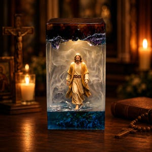 Può includere: Un blocco di resina rettangolare con una figura centrale di un personaggio barbuto in tunica color marrone chiaro che cammina sull'acqua. Le sezioni superiore e inferiore del blocco sono blu scuro e testurizzate, mentre il centro è trasparente con effetti di fumo bianco.