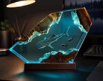 Whale Shark Resin Lamp, Ocean Night Light, Underwater Diver Diorama, Handmade Epoxy Wood Desk Lamp, Gift for Gamer, Gaming Desk Decor