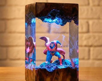Personalized Super Hero Night Light Custom Hero Resin Lamp Figure Terrarium Personalized Night Light Bedroom Lamp Diorama Resin Epoxy Lamp
