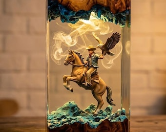 Cowboy Resin Wood Lamp, Western Horse Eagle Diorama Night Light, Wild West Desk Decor, Epoxy Table Lamp, Country Gift for Him