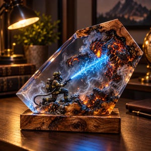 Puede incluir: Un bloque decorativo de resina que presenta a un bombero en miniatura con equipo completo, arrodillado y rociando un chorro de agua azul brillante hacia un monstruo de lava ardiente. La escena está encapsulada en resina transparente.