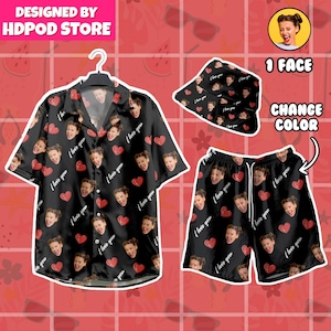 May include: A black and red patterned shirt and matching shorts with a repeated image of a person's face and the words "I love you".