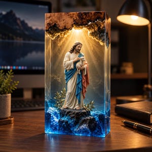 Könnte beinhalten: Eine rechteckige Harzskulptur mit einer Figur mit langem Haar und Bart, die ein cremefarbenes Gewand mit blauen und roten Umhängen trägt und ein kleines Lamm hält. Die Figur steht auf einem dunklen Felsensockel in einem klaren Block.