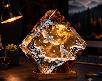 Wolf Resin Lamp, Snowy Owl Night Light, Epoxy Wood Desk Decor, Winter Forest Gift for Him, Wildlife Christmas Gift