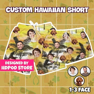 Custom gezicht Hawaiiaanse strandshort, aangepaste zwembroek, surfplankshort, aangepaste huisdier shorts, vrijgezellenfeest shorts cadeau voor mannen vrouwen