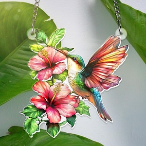 Hummingbird and Hibiscus Flower ACRYLIC Window Hanging Colorful Hummingbird Suncatcher Tropical Garden Decor Nature Lover Gift NOT GLASS