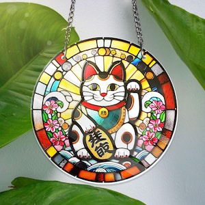 Gato da sorte japonês em acrílico para pendurar em janela, vitral falso, presente para amantes de gatos da sorte, presente para amantes de gatos da sorte, NÃO É VIDRO