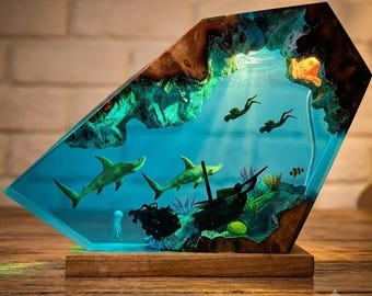 Orka walvis harslamp, nachtlampje in oceaangrot, diorama van octopus en clownvis, epoxy lamp van wortelhout, bureaudecoratie met zeedieren, cadeau voor oceaanliefhebbers