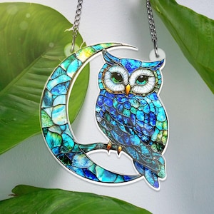 Owl On Moon ACRYLIC Window Hanging Acrylic Decor, Owl Ornament, Owl Lover Gift, Bird Home Decor, Bird Lover, Housewarming gift NOT GLASS