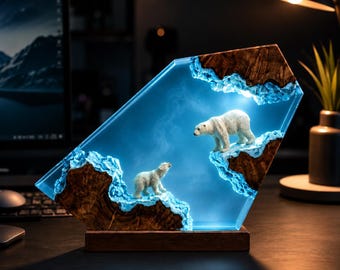 Lamp van hars met ijsbeermotief, nachtlampje met arctische ijsberg, handgemaakt diorama van hout en epoxy, bureaudecoratie met dierenmotieven, cadeau voor natuurliefhebbers en gamers