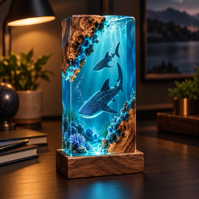 May include: A rectangular resin lamp featuring two whale sharks swimming in a deep blue underwater scene. The piece incorporates natural wood elements at the top and bottom, with blue coral and bubbles illuminated within the clear resin block.