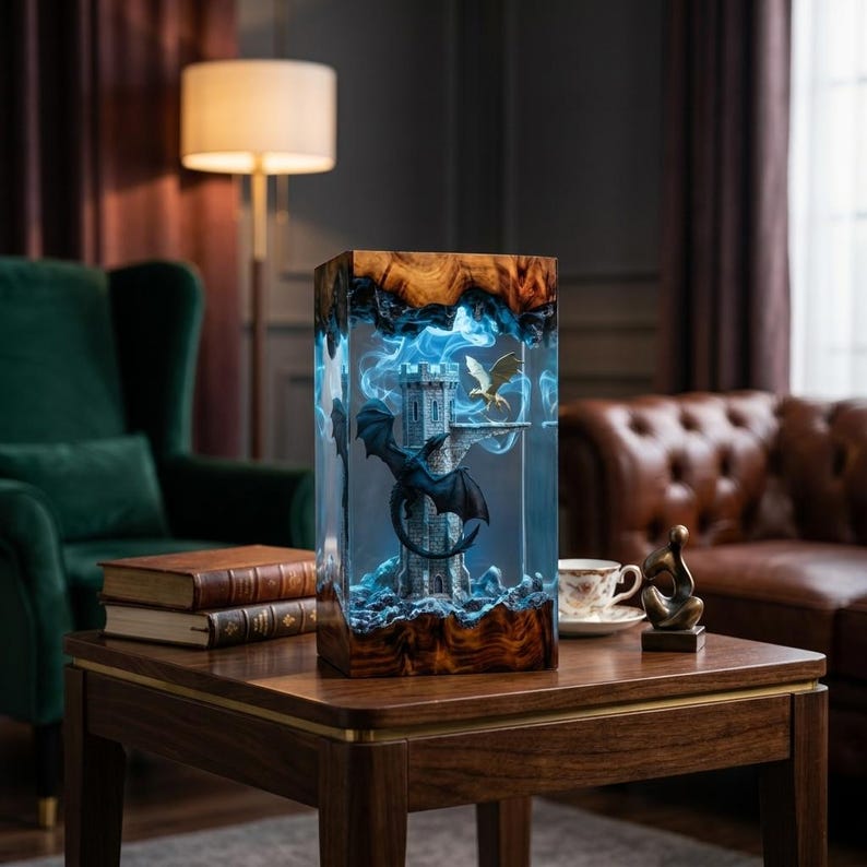 Pu&ograve; includere: Una lampada rettangolare in legno naturale e resina blu traslucida, con all'interno una torre color pietra, un drago scuro appollaiato sul lato e un drago pi&ugrave; chiaro che vola vicino alla cima, illuminata da una luce blu interna.