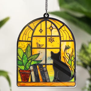 Black Cat And Book ACRYLIC Ornament, Book Window Decor Book Lover Gift Reading Cat Acrylic Hanging Cat Lover Gift NOT GLASS