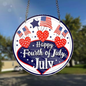 ACRYLIC Happy Fourth of July Acrylic Window Hanging – Patriotic Heart and Flag Decor, Independence Day USA Holiday Home Decor Patriotic